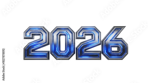 Futuristic text displaying the year 2026, rendered with a metallic and neon blue glow on black