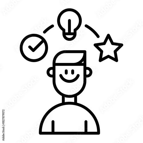 Icono de persona feliz con ideas positivas. Motivación, creatividad, bienestar emocional y pensamiento constructivo. Ilustración vectorial