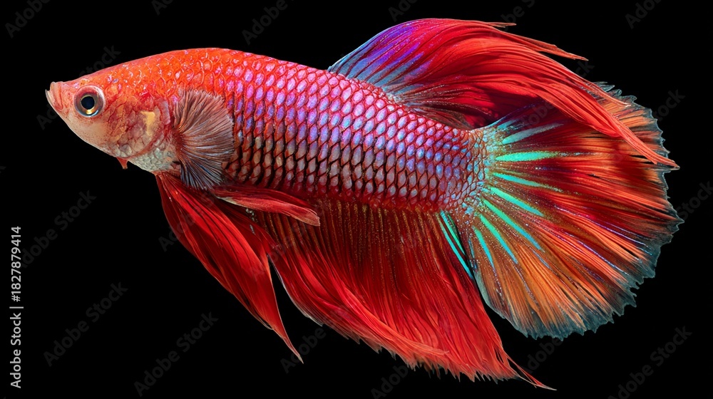 Fototapeta premium A vibrant, colorful betta fish swims gracefully, showcasing its stunning fins and scales against a dark background, highlighting the beauty of aquatic life and underwater elegance.