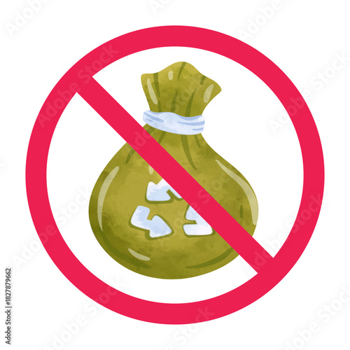 No garbage sign, forbidden sign with trash bag icon, no trash sign, red crossed circle symbol, vector illustration
