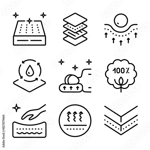 Mattress for sleeping outline icons set. Memory foam symbols shows different types of mattresses with features like breathability, firmness, and pressure relief.