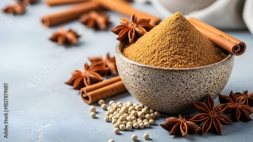 Fototapeta Naklejka Na Ścianę i Meble -  Aromatic spices like cinnamon, star anise, and peppercorns are arranged, with a mound of ground spice in a bowl, showcasing the rich colors and textures of these ingredients