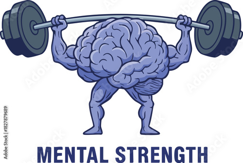 Cartoon Brain Lifting Heavy Barbell Weights Symbolizing Mental Strength and Focus