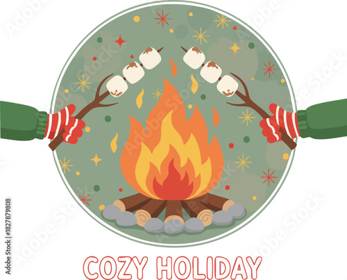 Hands Roasting Marshmallows Over Festive Campfire Scene for Winter Gatherings