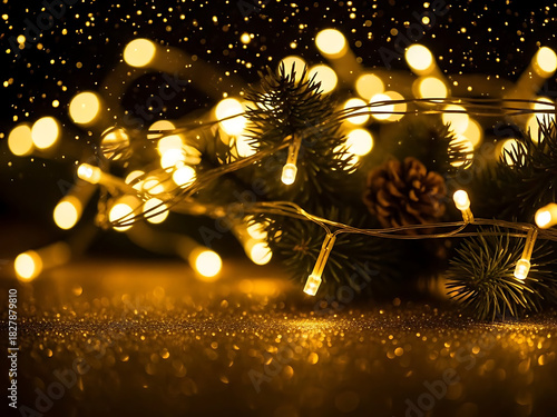 Warm Christmas lights twinkle on evergreen branches, glittering with holiday magic