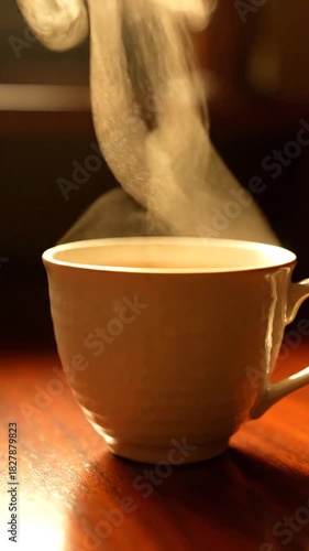 Steaming Herbal Tea in Cream Cup Slow Motion on Polished Wood Desk with Shaft of Light