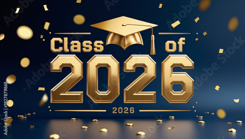 Golden graduation cap and confetti celebrate the class of 2026 achievement