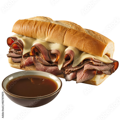 Fototapeta Naklejka Na Ścianę i Meble -  Delicious french dip sandwich with roast beef and melted cheese served with a side of au jus sauce, isolated on transparent background