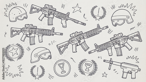 Hand drawn set of military icons vector illustration of army equipment perfect for graphic design and creative projects