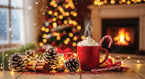 Festive red mug of hot chocolate with whipped cream and candy cane.