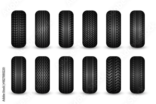 Rubber tires silhouettes. Car, truck, and motorcycle wheels, tread pattern designs. Perfect for automotive, racing, and motorsport themes, repair service and transport industry. Vector illustration