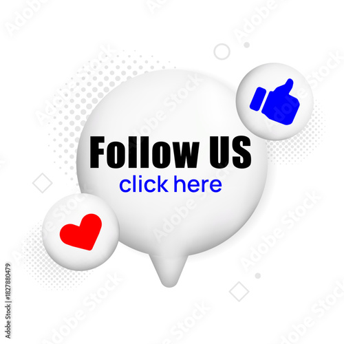 Follow Us Button Concept for Marketing and Ads with like and heart icons in Minimalist style for digital marketing, social media promo, banners, and follower engagement visuals.Vector illustration