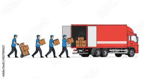 A professional team of delivery workers is moving stacked cardboard boxes toward a large red logistics truck, depicted in a clean 2D flat vector illustration on a white background.