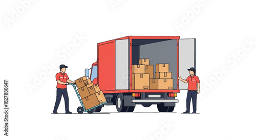 A professional courier team efficiently loads stackable brown parcels onto a large red freight truck utilizing a hand truck, depicted in a clean 2D flat style vector illustration.