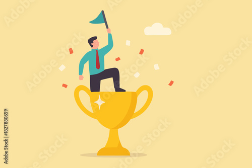 Victory or business achievement, triumph or award winning, accomplishment for leadership success, determination for career success concept, cheerful businessman winner raising flag on winning trophy.
