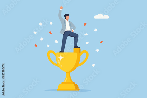 Victory or business achievement, triumph or award winning, accomplishment for leadership success, determination for career success concept, cheerful businessman winner raising flag on winning trophy.