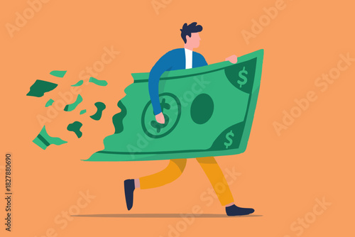 Lose money investment in financial crisis, profit and loss in business or deflation and inflation concept, businessman holding big dollar banknote money while loss, crumble and reduce in value.