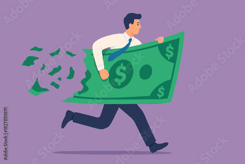 Lose money investment in financial crisis, profit and loss in business or deflation and inflation concept, businessman holding big dollar banknote money while loss, crumble and reduce in value.