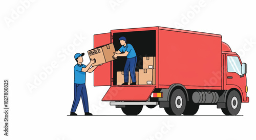 Professional courier service workers are efficiently loading shipment parcels into a large red transport truck, depicted as a modern 2D flat vector illustration isolated on a clean white background.