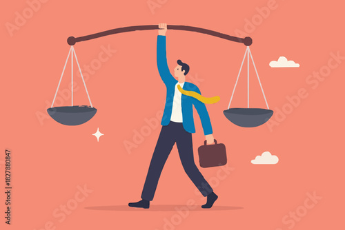 Principles and business ethic to do right things, social responsibility or integrity to earn trust, balance and justice for leadership concept, confident businessman leader lift balance ethical scale.