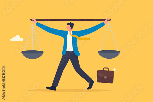 Principles and business ethic to do right things, social responsibility or integrity to earn trust, balance and justice for leadership concept, confident businessman leader lift balance ethical scale.