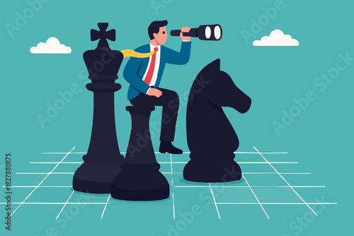 Success strategy, plan ahead to win business competition, leadership vision or looking for opportunity, competitor analysis concept, businessman leader open chess king with binocular to look ahead.