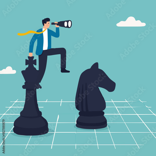 Success strategy, plan ahead to win business competition, leadership vision or looking for opportunity, competitor analysis concept, businessman leader open chess king with binocular to look ahead.