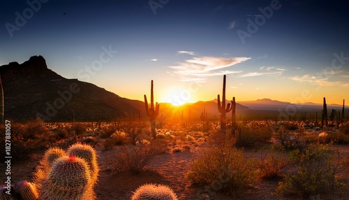 Sunset Desert Cactus Landscape Mountain Cactus Horizon Scene