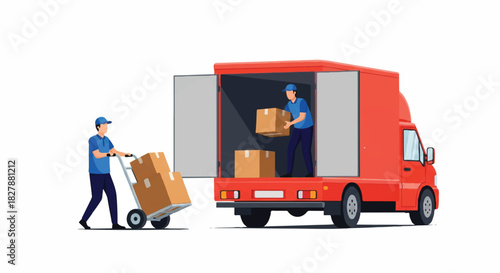 Delivery workers efficiently loading cardboard boxes onto a bright red shipping truck using a hand truck, presented as a clean 2D flat vector illustration on an isolated white background.
