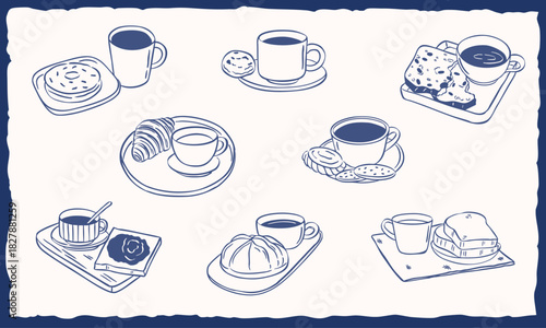 Bread and coffee tea hand drawn sketch doodle illustration set