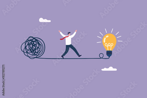 Simplify idea to find solution, thinking process or creativity to solve problem, discover easy way to understand concept, smart businessman walking away from mess chaos line to simple lightbulb idea.