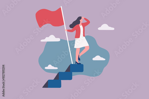 Success fearless female entrepreneur, woman leadership or challenge and achievement concept, success businesswoman on top of career staircase holding winning flag looking for future visionary.