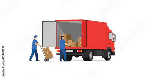 Logistics staff loading packages onto a bright red delivery truck using a hand trolley, presented as a modern 2D flat vector illustration on a clean white background.