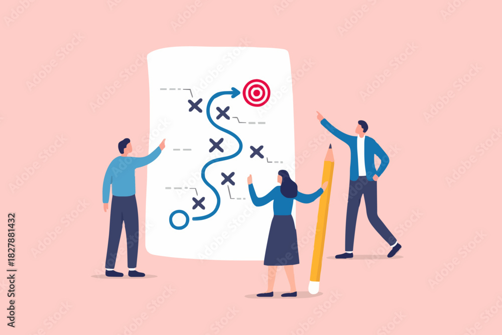 Obraz premium Strategic planning, plan to overcome difficulty or obstacle to reach goal or target, team brainstorm or competitor analysis, business success concept, business team planning for success tactic chart.