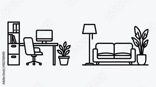 Minimalist home office and living room with outlined vector illustration
