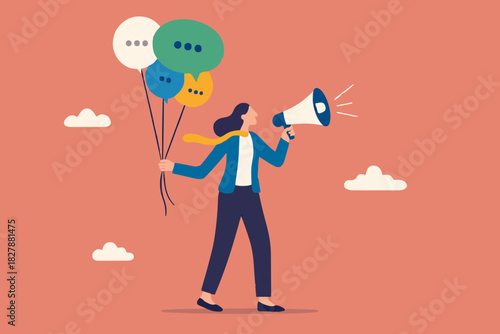 Communication or PR, Public Relations manager to communicate company information and media, announce sales or promotion concept, businessman holding speech bubble balloons while talking on megaphone.