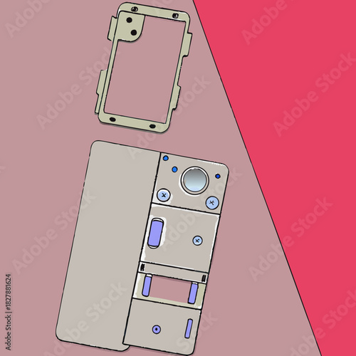 Disassembled smartphone components on a pink surface