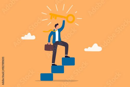 Key to business success, stairway to find secret key or achieve career target concept, businessman winner walk up to top of stairway lifting golden success key to the sky.