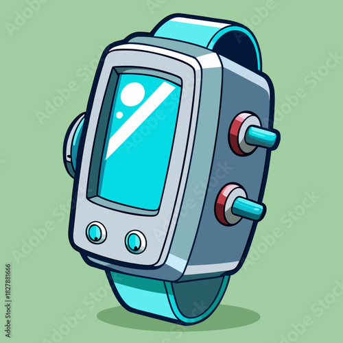 Futuristic digital smartwatch with cyan screen and buttons