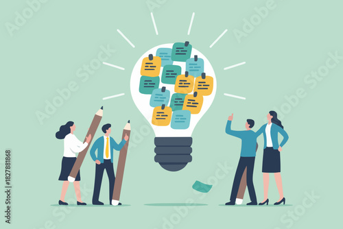Ideation, brainstorming to gather new idea, effective meeting discussion, team collaboration discover solution, scrum, business people brainstorm with sticky notes combined to bright lightbulb idea.