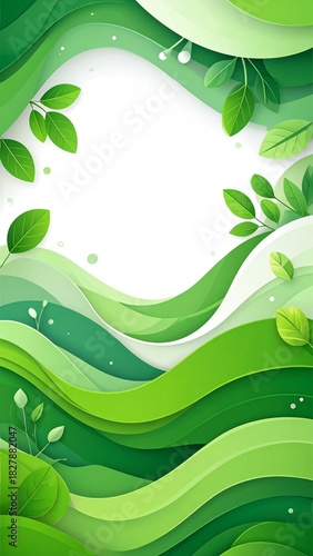 Botanical 3D Paper Cut Background with Green Leaves and Organic Waves