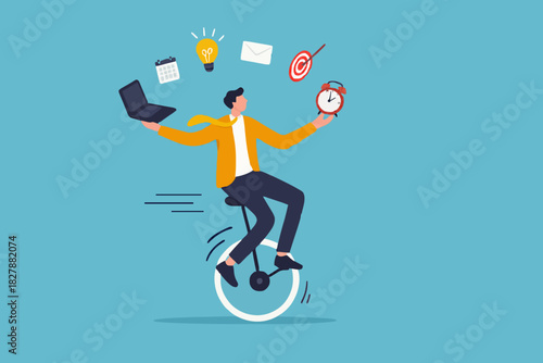 Productive master, productivity and project management skill, multitasking work and time management concept, skillful businessman riding unicycle juggling elements, laptop, calendar, ideas and emails.