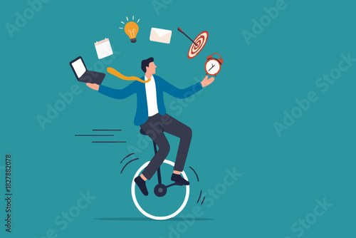 Productive master, productivity and project management skill, multitasking work and time management concept, skillful businessman riding unicycle juggling elements, laptop, calendar, ideas and emails.