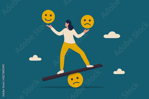 Emotional intelligence, balance emotion control feeling between work stressed or sadness and happy lifestyle concept, mindful calm woman using her hand to balance smile and sad face.