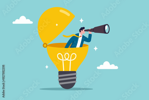 Creativity to help see business opportunity, vision to discover new solution or idea, curiosity, searching for success concept, businessman open lightbulb idea using binoculars to see business vision.