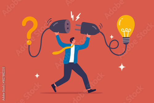 Solution solving problem, answer to hard question or creativity idea and innovation help business success, leadership to overcome difficulty, businessman connect question mark with lightbulb solution.