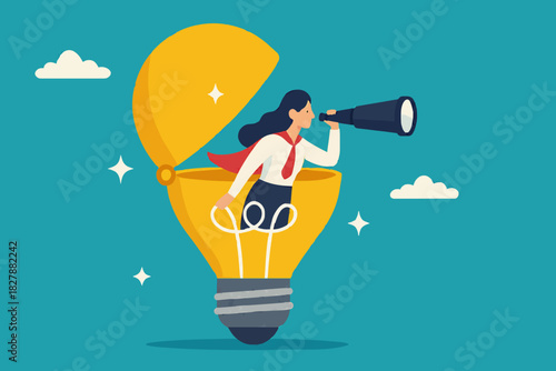 Creativity to help see business opportunity, vision to discover new solution or idea, curiosity, searching for success concept, businessman open lightbulb idea using binoculars to see business vision.
