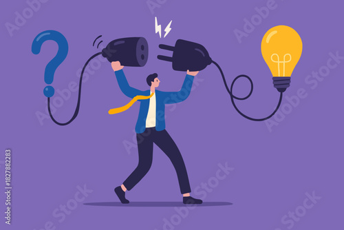 Solution solving problem, answer to hard question or creativity idea and innovation help business success, leadership to overcome difficulty, businessman connect question mark with lightbulb solution.