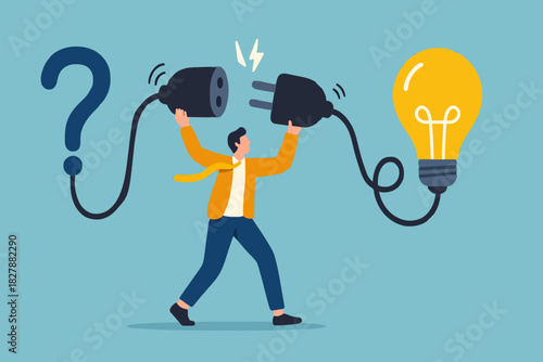 Solution solving problem, answer to hard question or creativity idea and innovation help business success, leadership to overcome difficulty, businessman connect question mark with lightbulb solution.