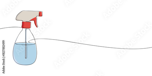 Minimal vector illustration of a spray bottle with a red trigger and blue liquid, set on a white background with a flowing curved line.